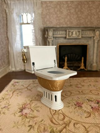 Vintage Miniature Dollhouse 1:12 Victorian Heavy Metal Toilet Ornate Gold Trim