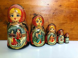 Russian Matryoshka Nesting Dolls Vintage Hand Painted Signed Winter Scene 5dolls