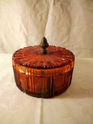 Vintage Indiana Glass Amber Covered Candy Dish Round Split Divider Metal Acorn