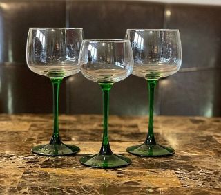 Vintage 1 Set Of 3 Emerald Green & Clear Glass Wine Drinking Glasses