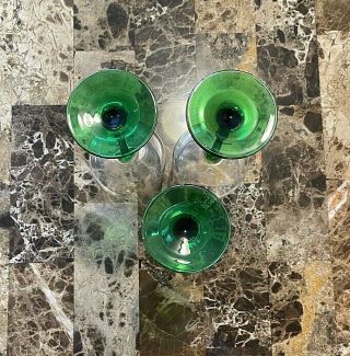Vintage 1 Set of 3 Emerald Green & Clear Glass Wine Drinking Glasses 3