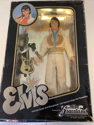 1984 Posable Elvis Doll In White Suit With Guitar And Microphone