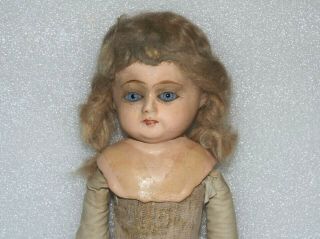 Antique C.  1900 Papier Paper Mache Glass Eyes Straw Stuffed Body Doll To Restore