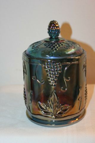 Carnival Glass Indiana Blue Green Harvest Grapes Iridescent Candy Jar With Lid