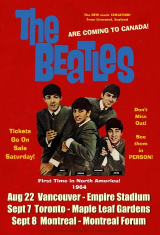 The Beatles 1964 Concert Poster Canada Tour Toronto,  Montreal,  Vancouver
