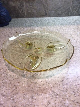 Vintage Lancaster Glass Yellow Landrum Petal 3 Footed Cake 10.  25” Plate Euc