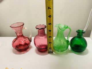 Hand Blown Glass Small Pitchers Vases Cranberry & Green 2
