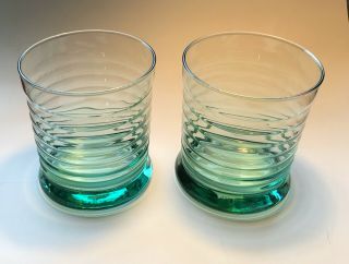 Vintage Set Of 2 Teal Blue Green Striped Tumbler Glass Barware Weighed Bottom