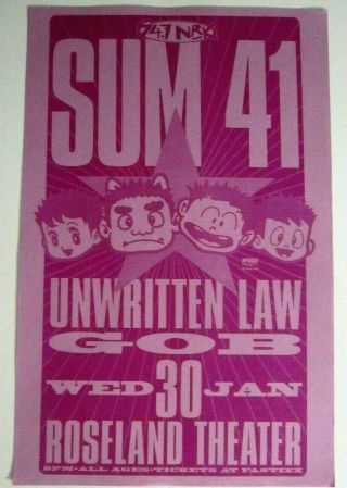Sum 41 2002 Portland Oregon Concert Poster W/ Unwritten Law And Gob