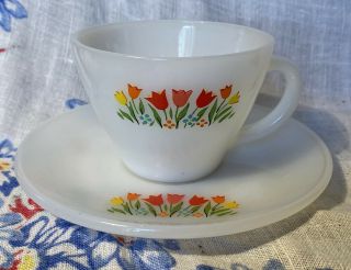 Vintage Anchor Hocking White Fire King Milk Glass Tulips Flower Tea Cup & Saucer