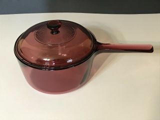 Vintage Corning Visions Cranberry 1.  5 L Saucepan With Lid