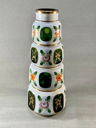 Lausitzer Moser Bohemian Czech Vase White Cut - To - Green Glass Hand Painted 9 "