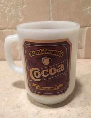 Vintage Aunt Jenny’s Cocoa Mug Oven Proof Made In Usa Milk Glass