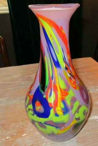 Antique Vtg Large Murano Hand Blown Studio Art Glass Vase Pink Swirl