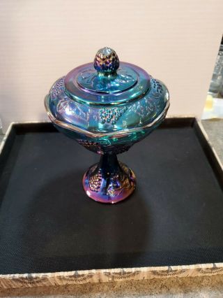 Vintage Carnival Glass Candy Dish Blue Iridescent Windsor Style W/lid