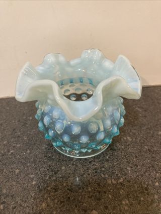 Vintage Mid Century Blue Hobnail Glass Vase Bowl Ruffled Opalescent