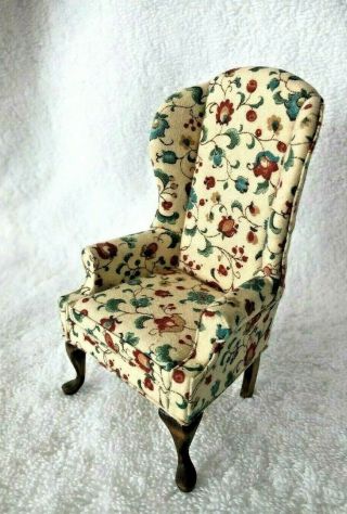 Vintage Dollhouse Miniature Furniture Floral Wing Back Chair 4 1/4 " Tall