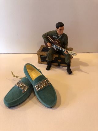 2 Elvis Christmas Ornaments - Blue “suede” Shoes And Army Elvis