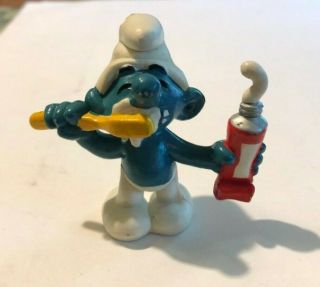 Vintage Smurfs Toothpaste & Toothbrush Smurf Figure Toy Pvc Figurine 1979