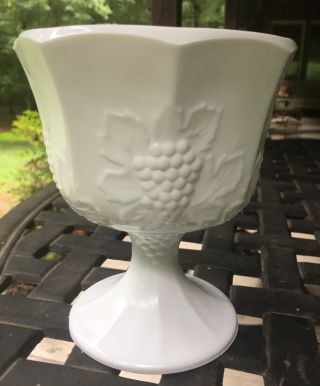 Vintage White Milk Glass Pedestal Vase Bowl Planter Grapevine Pattern