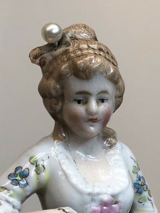 6.  5” Antique German Bisque Half 1/2 Doll Flowers & Fan Victorian Pin Cushion X 3