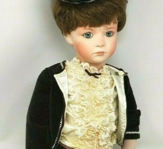 23 " Hand Strung Full Body Porcelain Bisque Doll Male Boy Brunette Euc W/ Stand