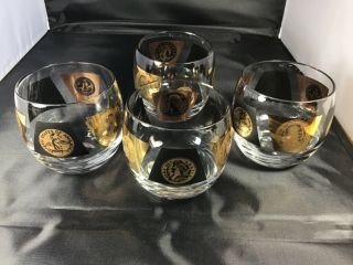 Vintage Cera Black & 22k Gold Coin Roly Poly Bar Glasses Set Of 4 Mcm
