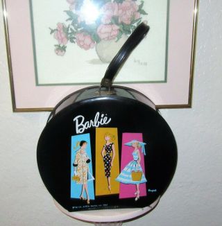 Vintage Barbie Doll Black Travel Case Round 1961 Storage Hat Box Accessory Rare