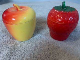Apple And Strawberry Hazel Atlas Milk Glass Jelly Canisters Jars Vintage