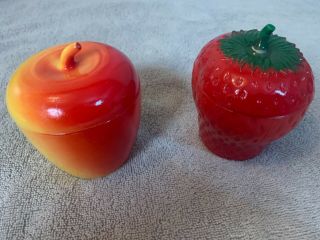 Apple And Strawberry Hazel Atlas Milk Glass Jelly Canisters Jars Vintage 2