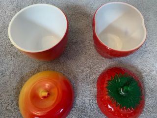 Apple And Strawberry Hazel Atlas Milk Glass Jelly Canisters Jars Vintage 3
