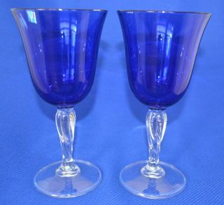 Set Of Vintage Cobalt Blue Stemmed Water/wine Goblet Glasses Swirl Pedestal H175