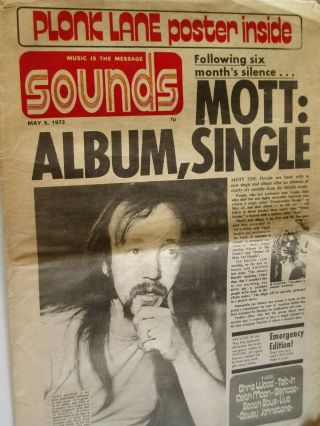 Sounds Pop Paper.  5th May 1973.  Mott The Hoople,  Ronnie Lane Poster