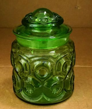 Vintage Amber Green L E Smith Moon And Stars 6 1/2 " Canister With Lid
