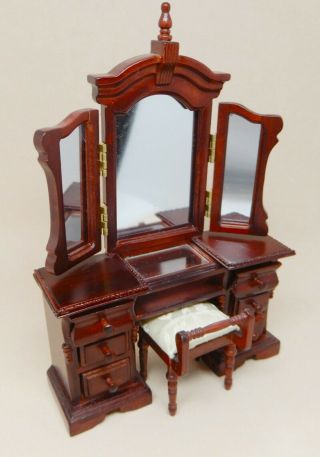 Vintage Mahogany Vanity Dressing Table With Mirror Dollhouse Miniature 1:12