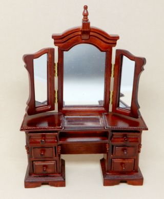 Vintage Mahogany Vanity Dressing Table With Mirror Dollhouse Miniature 1:12 3