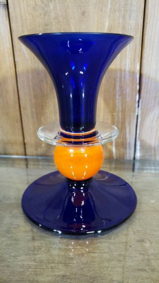 Art Glass Candle Holder Hand Blown Cobalt Blue With Orange Ball Signed By Artist
