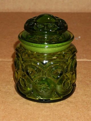 Vintage Amber Green L E Smith Moon And Stars Small 4 3/4 " Canister With Lid