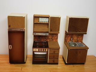 Vintage Lundby Dollhouse Furniture Kitchen 3 Pc Set Brown & Tan