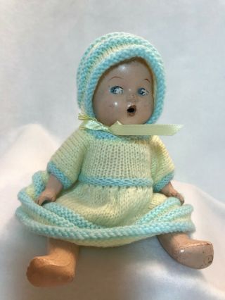Antique 10 " Composition Baby Doll Fully Jointed Hand Knit Outfit Vtg Rare