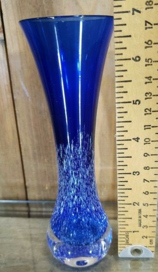 Art Glass Vase Hand Blown Cobalt Blue Weighted Ball Bottom With Bubbles 7 "