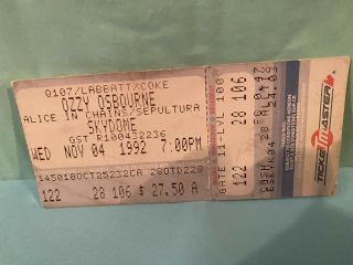 Ozzy Osbourne Concert Ticket Stub 11 - 4 - 1992 Toronto Skydome