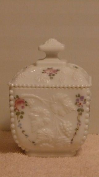 Vintage Westmoreland White Milk Glass Covered Trinket Box Jar; Beaded Grapes Euc
