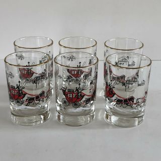 Vintage Libbey Rocks,  Juice Glasses Stagecoach Carriage Horses Christmas 3 1/2”