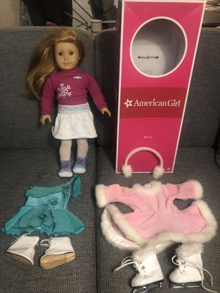 American Girl Mia Doll,  Oroginal Outfit And Box Plus 2 More Outfits Ice Skates