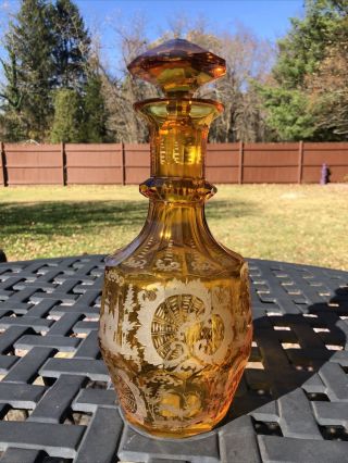 Bohemian - Czech Cut To Clear Etched Glass Amber Decanter With Stopper 12.  25 "