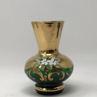 Vintage Bohemian Green Glass Small Bud Vase Hand Painted Flowers With Gold Trim
