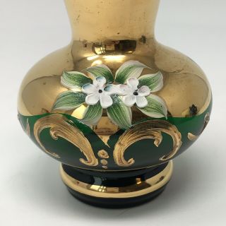Vintage Bohemian Green Glass Small Bud Vase Hand Painted Flowers With Gold Trim 2