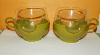 Vintage Set Of 2 Pyrex Avocado Green Plastic And Glass Coffee Cups