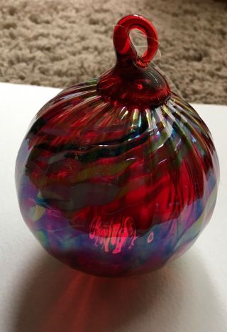 Hand Blown Glass Ball Sphere Globe Christmas Ornament Iridescent Cranberry 3”